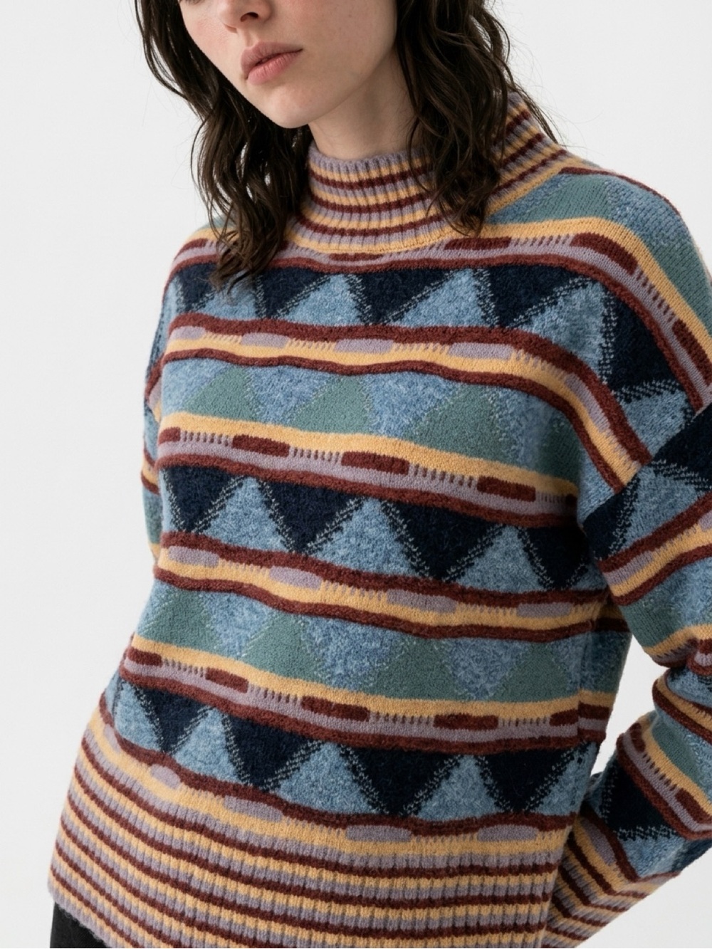 Cider Geometic Coogi Style Mock Neck Retro-Inspirer Sweater Fall Cozy Vibes
